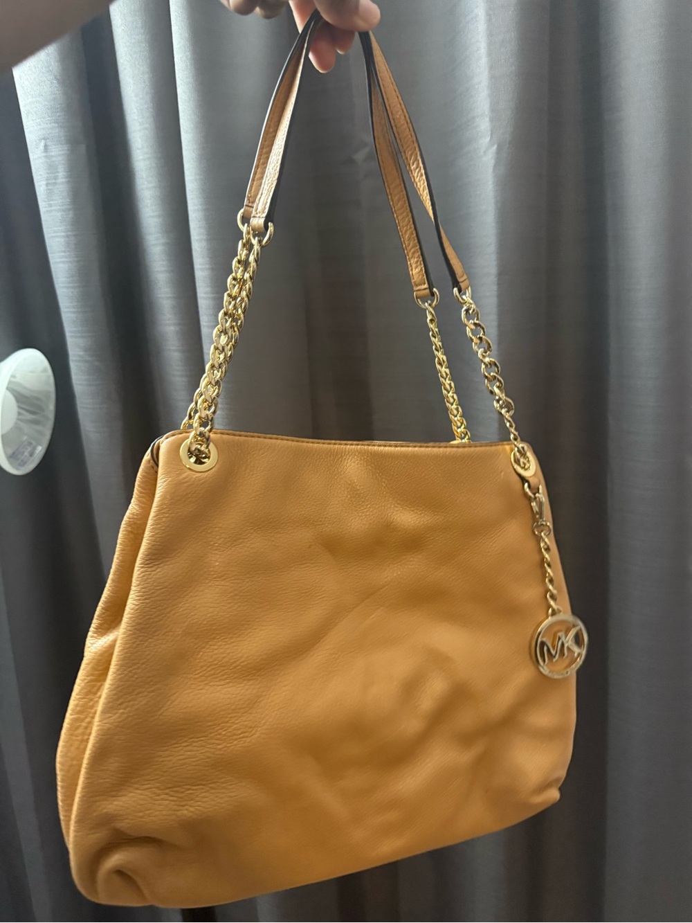 Michael Kors Yellow-Tan Pebbled Leather Tote with Gold MK Charm